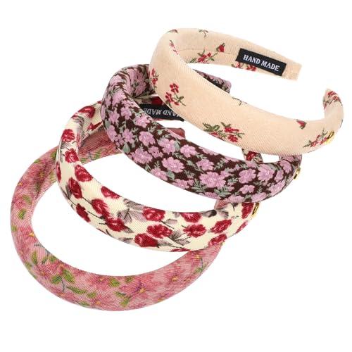 Yuanchu 4-Pack Vintage Floral Headbands for Women, Wide Soft Padded Boho Hair Bands Non Slip Retro Style Hair Accessories Gift for Women