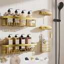 Veken Adhesive Shower Caddy 5-Pack, Heavy Weight Bearing, Large Wall Mounted Shower Shelves Rack, Organizer Storage Accessories with Soap Dish&Toothbrush Holder, Ideal for Bathroom, Home&Kitchen, Gold