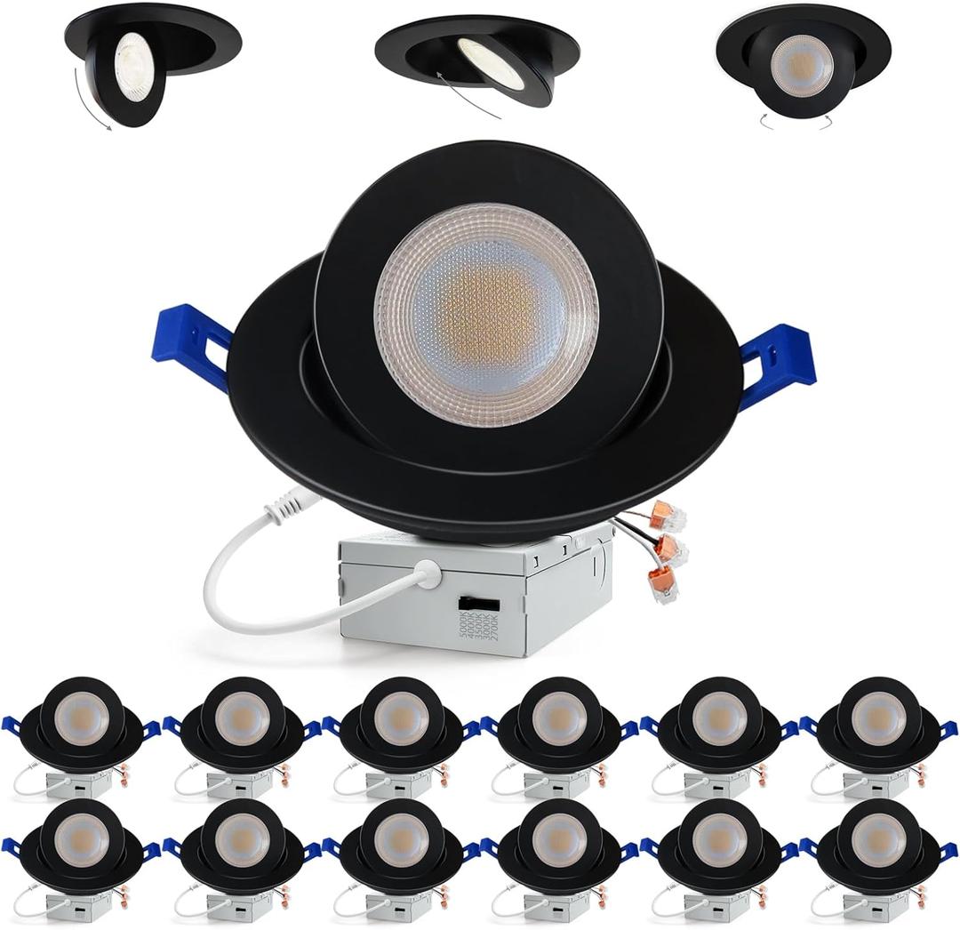 Adetu Recessed Lighting 6 inch, 360+90 Adjustable Directional 6 inch 5CCT Gimbal Black Led Recessed Lighting, 2700K-5000K Dimmable Retrofit Eyeball Can Recessed Lights with Jbox, ETBlack-10 Pack
