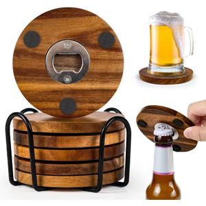 2-in-1 Wood Coasters with Bottle Opener, Set of 6 with Holder Funny Acacia Wood Drink Coasters with Stainless Steel Openers & Non-Slip Feet  Durable and Functional for Beer or Soda Drinking