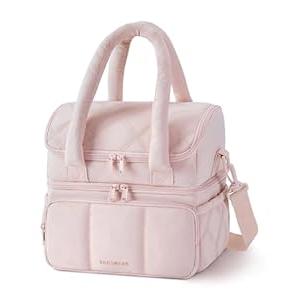 BAGSMART Lunch Bag Women, Double Deck Insulated Lunch Box, Quilted Puffer Lunch Tote, Leakproof, Durable & Reusable Large Lunch Cooler For Work Picnic Travel Meal Prep, Pink