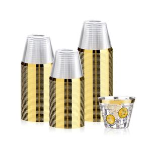 100 Pack 9 oz Gold Plastic Cups, Clear Disposable Cups with Gold Rim, Plastic Cocktail Glasses for Party & Graduation & Wedding