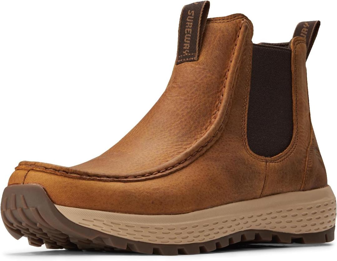 SUREWAY Men's Chelsea Boots - Lightweight Slip-On Work Boots with Moc Toe Design,Casual Leather Boots Slip-Resistant Rubber Outsole,Chukka boots for All-Weather Comfort (Office,Casual,Dress) (Brown, 10)