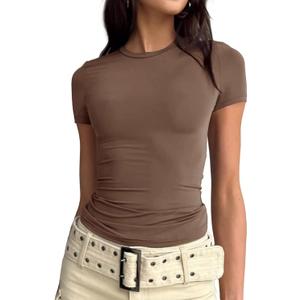 Women's Short Sleeve T Shirt Slim Fit Basic Summer Top (Brown, M)