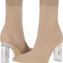 Shoe'N Tale Women's Knit Sock Ankle Boots Pointed Toe Clear Mid Heel Slip-on Stretch Booties Shoes (Brown)