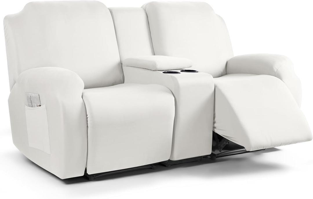 TAOCOCO Reclining Loveseat with Middle Console Slipcover, 4 Piece Polyester Fabric Stretch Loveseat Reclining Sofa Covers (Milk White, 2 Seat Recliner Cover with Console)