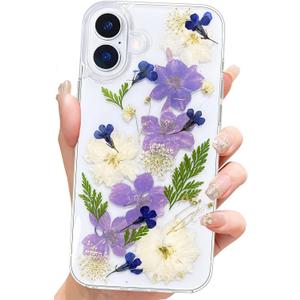 Abbery for iPhone 16 Plus Case Floral Cute Clear with Pressed Dried White Blue Purple Flowers Design Aesthetic Soft Slim Shockproof Protective Girly Women Girls Phone Cover