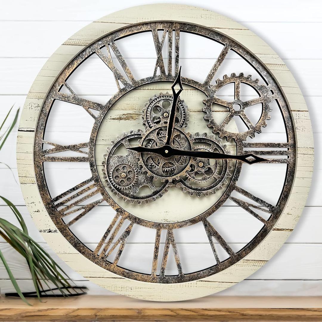 B-Style 24 Inch Large Wall Clock with Moving Gears Oversized Vintage Farmhouse Wall Clock for Living Room Decor Rustic Industrial Wood Clock Desert Beige