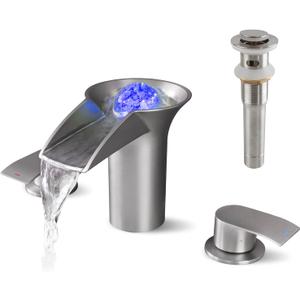 LED Waterfall Bathroom Sink Faucet, Deck Mount 3 Holes 8 Inch Widespread Vanity Faucet Modern 2 Handle Lavatory Basin Mixer Faucet Set with Pop Up Drain, Brushed Nickel