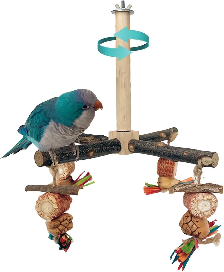 Bird Perch 360 Rotating Perch with Natural Chew Toys - Spinning Bird Toys Cage Accessories- Parrot Wooden Stand for Small and Medium Birds (Parakeets, Budgies, Cockatiels, Conures, Finches)