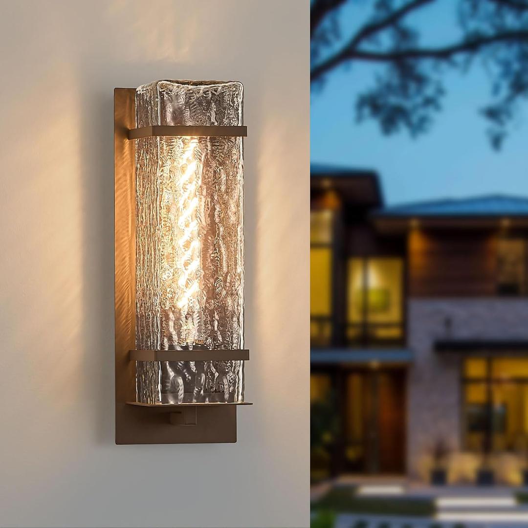 Brown Outdoor Wall Light, 13.4in Exterior Waterproof Lanterns,Porch Sconces Wall Mounted Lighting with E26 Sockets & Textured Glass Shades, for Garage,Doorway,Patio,Front Door