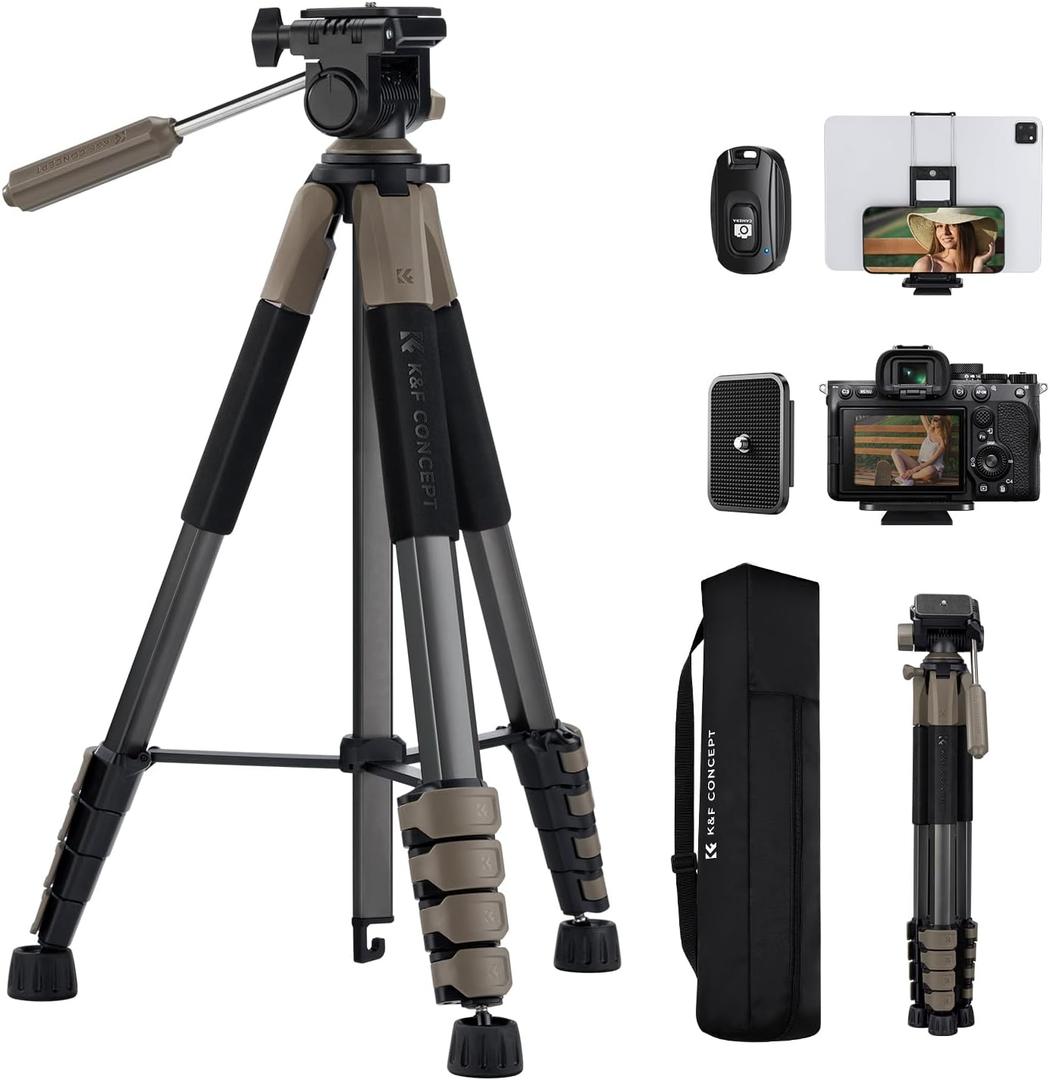 K&F Concept Camera Tripod, 75" Lightweight Portable Travel Outdoor DSLR Tripods for Camera Phone Video Recording Tripod Stand, Cellphone Clip for Smartphone Live Streaming Vlog (Grey, 75'')