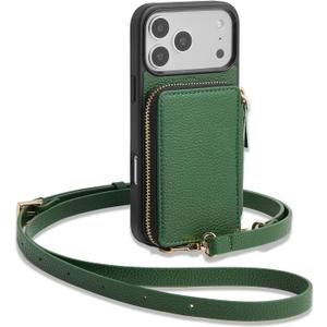 ZVE for iPhone 17 Pro Wallet Case with Card Holder, Crossbody Zipper Leather Phone Cover for Women 6.3" Dark Green