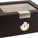 Mantello Cigars Cigar Humidors, Humidor Cigar Box- Gifts for Men, Ebony Wood, Glass-Top Cigar Humidor, Cigar Humidor Box with Hygrometer, Cedar Divider, Humidity Packets Holder, Cigar Box, Holds 25-50