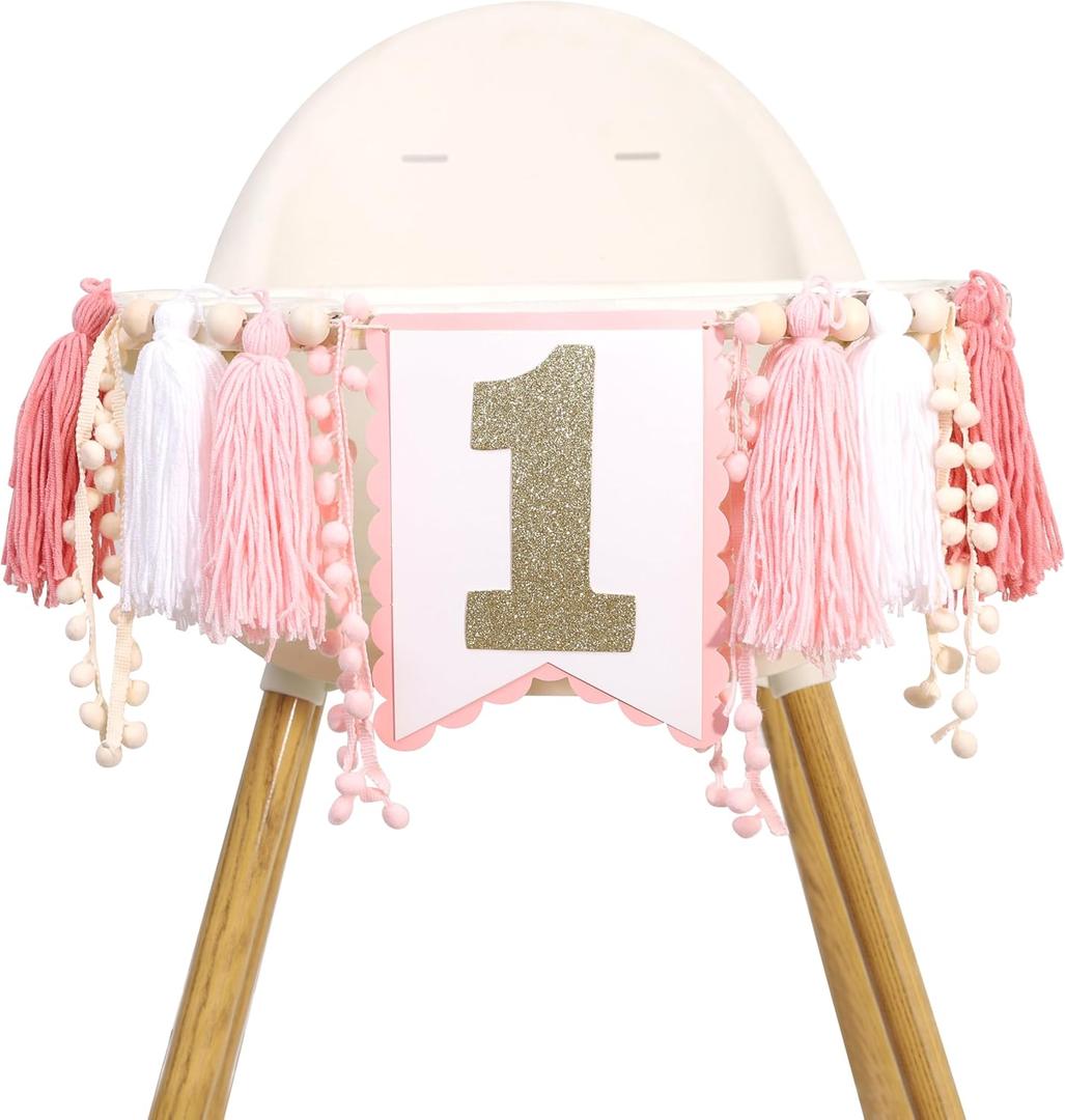 Pink White One High Chair Tassel Banner - Girls 1st Birthday Decoration, Tassel Banner for Girl, 1st Birthday Photo Backdrop, Wall Hangings for Photo Props Party Decoration (Pink)