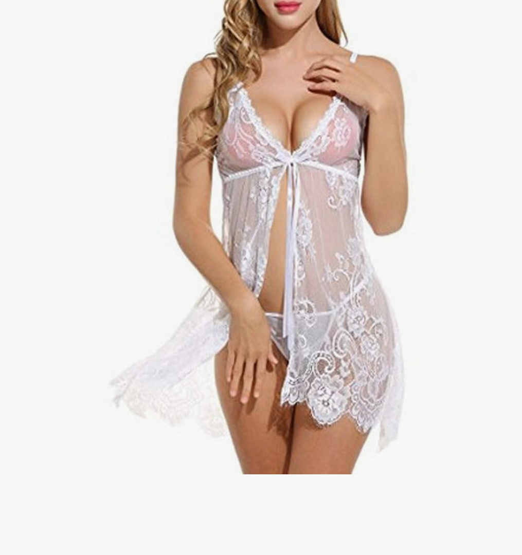 Sexy Lingerie for Women Two Piece Lace Teddy Nightdress See Through Sheer Nightgown Eyelash Lace, L