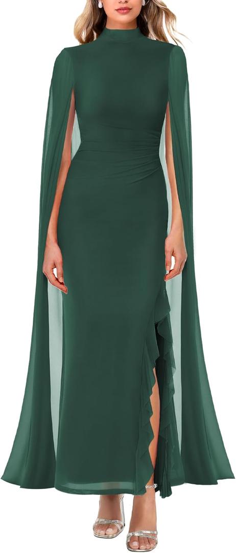 Lrady Women's Wedding Guest Dress Evening Gowns High Neck Formal Cocktail Party Maxi Bodycon Dresses with Cape Sleeve (Large, 3# Dark Green)