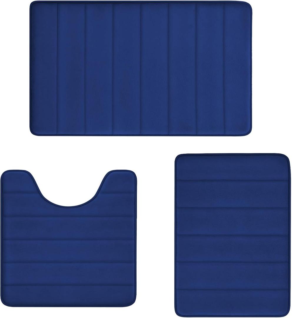 RUN HELIX Memory Foam Bath Mat Rug Set 3 Piece, Ultra Soft Non Slip and Absorbent Bathroom Rug, Machine Wash Dry, Comfortable, Thick Bath Rug Carpet for Bathroom Floor, Tub and Shower, Navy