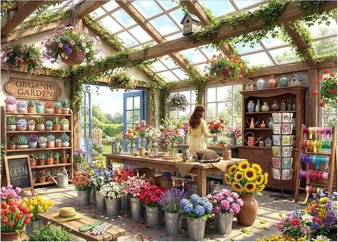 Cozy Flower Shop Puzzles for Adults 1000 Pieces,Challenging Jigsaw Puzzles for Adults,Difficult Impossible Puzzle for Family Game Night,Puzzle with Letters on Back,Recycled Paper Jigsaw Puzzle