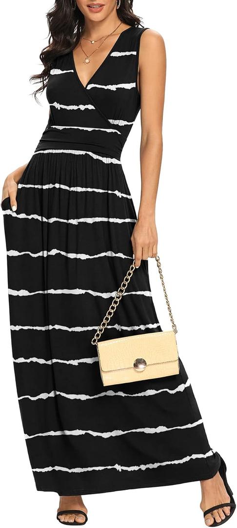 LILBETTER Women Sleeveless Deep V Neck Loose Plain Long Maxi Casual Dress(F Stripe Black, Medium)