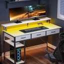 Rolanstar Computer Desk with Power Outlets & LED Light, 55 inch Home Office Desk with Drawers and Storage Shelves, Writing Desk with Monitor Stand, Modern Work Study Desk for Home Office, White
