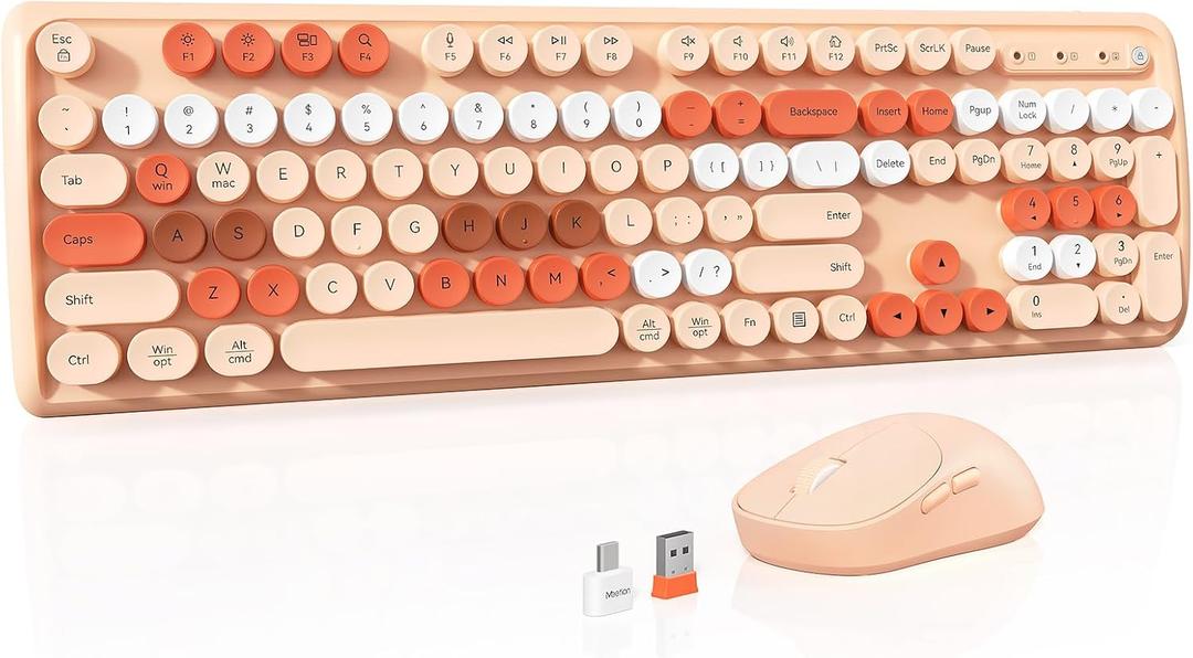 Colorful Wireless Computer Keyboards Mouse Combos,Full-Size Retro Typewiter Keyboard, 4 Level DPI Adjustable Wireless Mouse, 2.4GHz Connection with Optical Mouse, Creamy (Milk Tea)