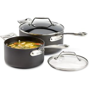 All-Clad Essentials Hard Anodized Nonstick Sauce Pan Set 4 Piece, 2.5, 4 Quart Oven Broiler Safe 500F Pots and Pans, Cookware Black
