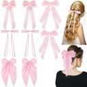 8 Pcs Pink Hair Bows for Women Silky Satin Hair Bows Clips for Ponytail Holders Hair Ribbon with Long Tails Vintage Hair Barrettes Hair Accessories for Girls Bridesmaid