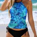 Women's Funny Graphic Drawstring Halter Two Piece Tankini Set Summer Swimwear Beach Vacation Swimsuits (Blue, L)