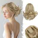 BARSDAR Short Blonde Wavy Drawstring Ponytail - 10 Inch Synthetic Comb Clip In Hair Extensions - Light Ash Blonde with Highlights