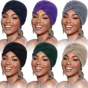 SATINIOR 6 Pieces Stretchy Beanie Turbans for Women Soft Pre Tied Knot Chemo Turban Head Wraps for Women Sleep Hats, 6 Colors (Multicolor)