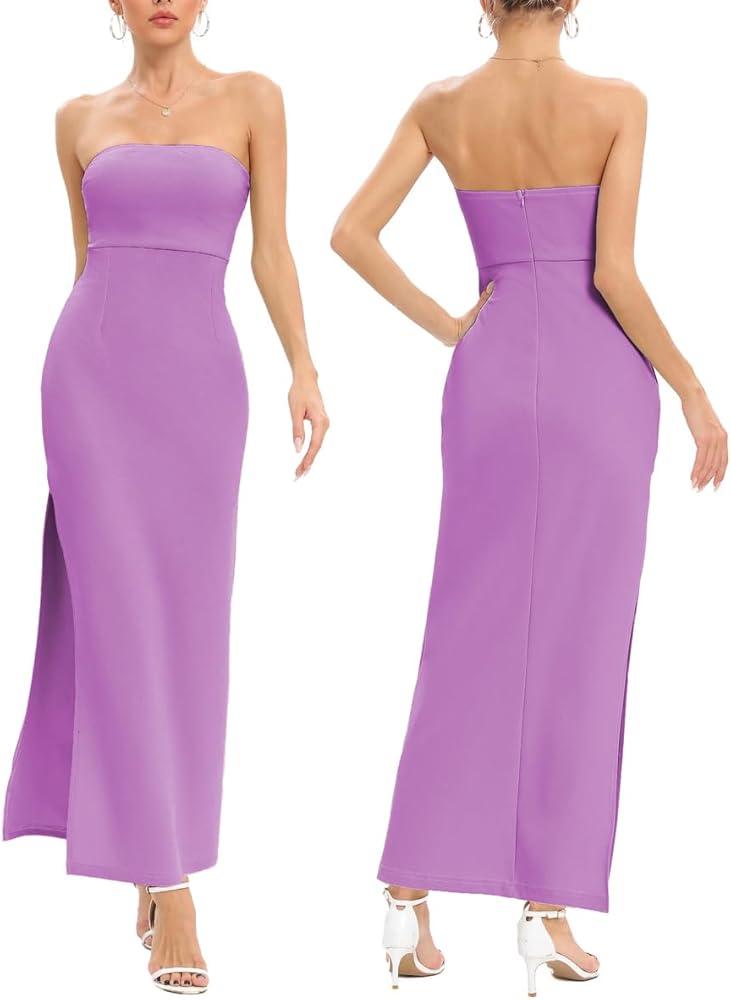 JLCNCUE Women's Tube Strapless Maxi Dress Side Slit Bodycon Dresses Sleeveless Off Shoulder Backless Cocktail Dress 295 (Small)