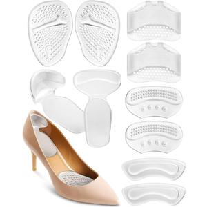 10PCS High Heel Comfort Pad Inserts, Silicone Shoe Cushion Insoles Heel Grips Liner Metatarsal Pads for Women Shoes Too Big, Prevent Rubbing Blisters, Self Adhesive, Clear