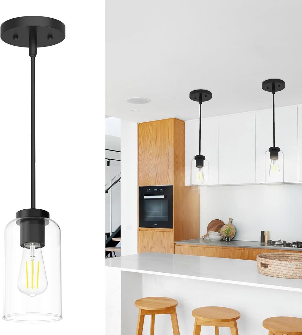 Zevluck Pendant Light Fixtures, Matte Black Pendant Lighting with 5 Adjustable Tubes, Hanging Light Fixtures with Clear Glass Shade, Tiltable Pendant Lighting for Kitchen Island, Dining Room, Bathroom (1 Pack)