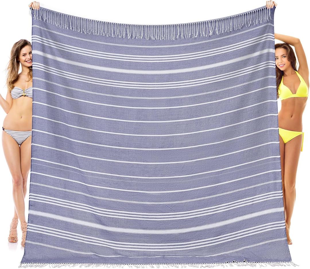 Oversized Giant Turkish Beach Towel Blanket Extra Large XXL Lightweight Cotton Quick Dry Sand Free Boho Throw Pool Cloud Sandrpoof Blankets Women Men Big Jumbo Wide 2 Person Size Navy Blue Stripes