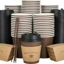 LITOPAK 100 Pack 10 oz Paper Coffee Cups with Lids, Sleeves, and Stirring Sticks for Coffee, Water, or Juice, Browm 10 Ounce Disposable Hot Paper Cups for Cafes, schools, offices, shops (Brown&10oz)