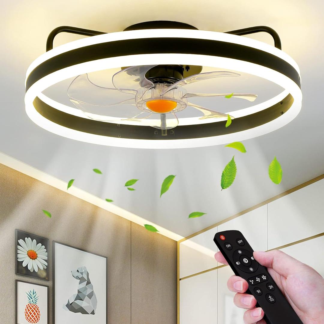 Low Profile Ceiling Fans with Lights Remote - 20" Flush Mount Modern Bladeless Ceiling Fan, Enclosed Small Black Fan with Dimming for Bedroom