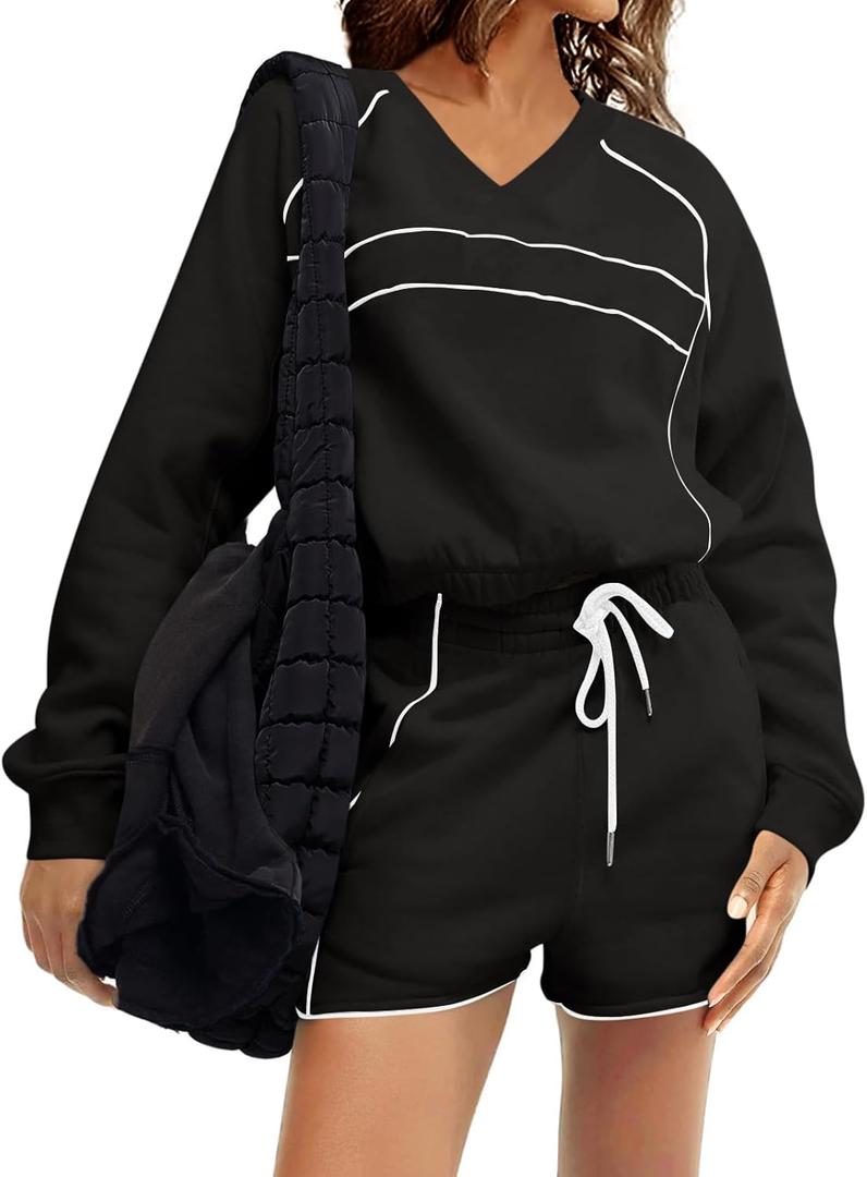 Fisoew Womens Sweatsuits 2 Piece Outfits V Neck Fleece Sweatshirts Contrast High Waisted Shorts Casual Tracksuits Lounge Sets (Black)