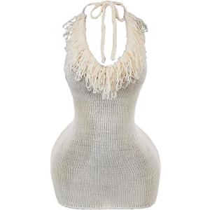 Floerns Women's Tassel Trim Halter Dress Tie V Neck Backless Knitted Bodycon Mini Dresses (Medium, Apricot)