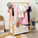 Bamboo Kids Clothing Rack with Storage Box - Foldable,Kids Dress Up Rack with Hooks & Rod, Organize Dress Up Storage & School Uniforms, Perfect for 4-13 Year Olds (Natural)