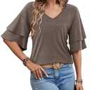 MixShe Womens V Neck Tops Short Sleeve Ruffle Sleeve Casual Summer Lightweight Blouses (Coffee, Small)