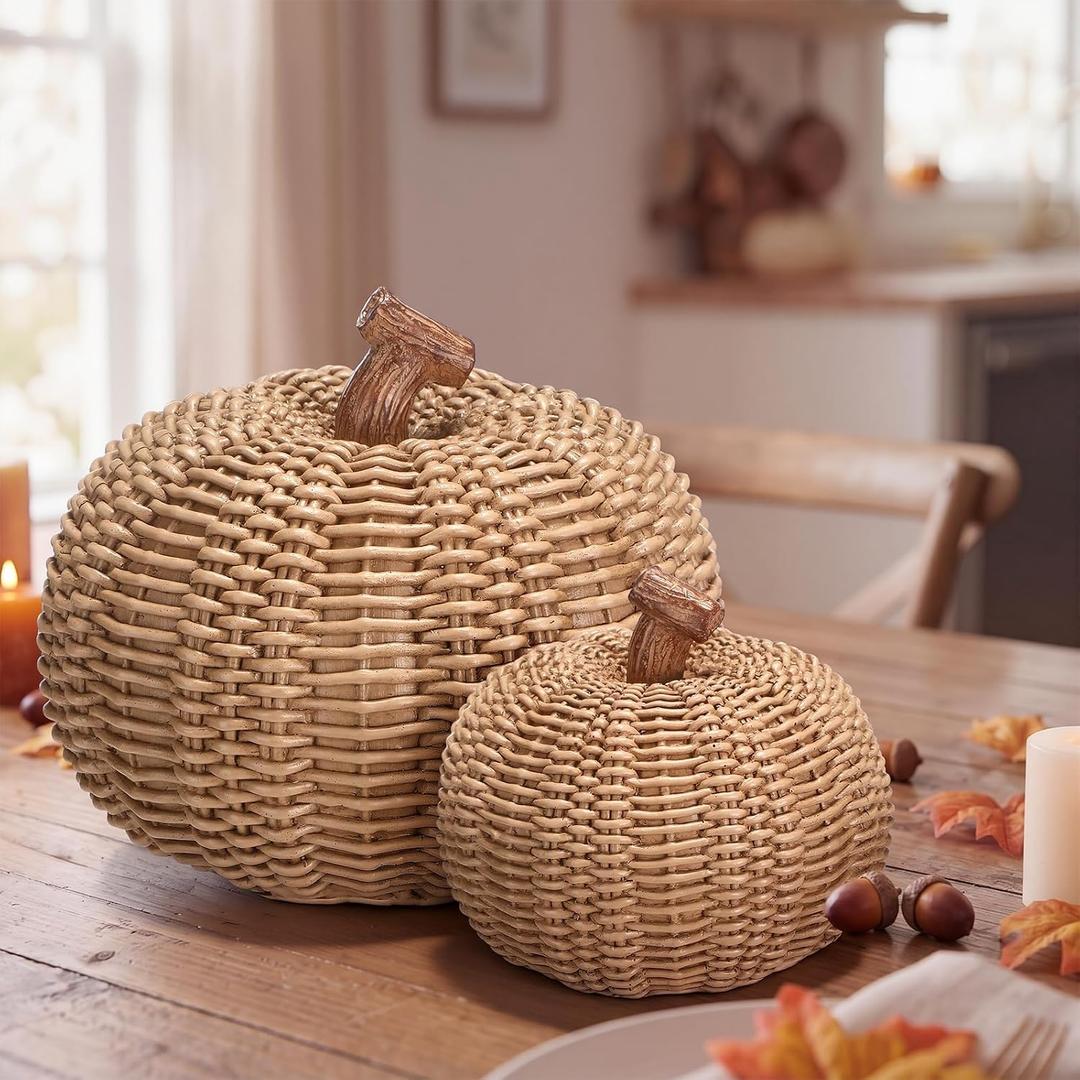 Fuutreo 2 Pack 6.9in 4.3in Pumpkin Fall Decor Resin Woven Pumpkins Figurine