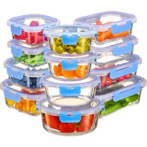 FineDine 24 Piece Glass Storage Containers with Lids - Leak Proof, Dishwasher Safe Glass Food Storage Containers for Meal Prep or Leftovers, Blue