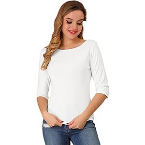 Allegra K Women's Casual Round Neck Elbow Sleeve t Shirts Slim Fit Blouses Tops Fashion Small
