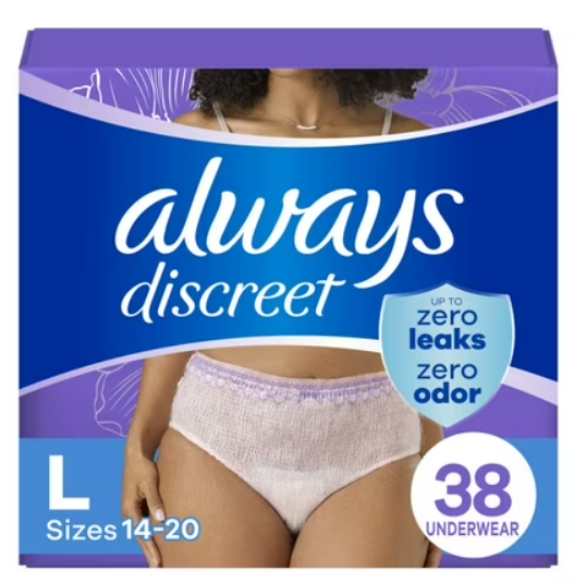 Always Discreet Adult Incontinence Underwear for Women and Postpartum Underwear, Large, Up to 100% Bladder Leak Protection, 38 Count