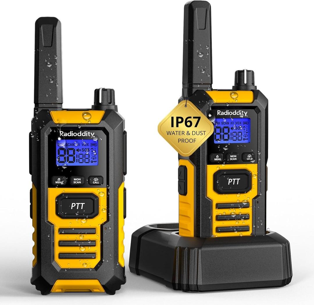 Radioddity HD-1 IP67 Waterproof Floating Heavy Duty Walkie Talkies, Long Range Two Way Radio with 2400mAh Battery, One-Key Group Call, Vibrate Alert, SOS, Dual PTT for Hunting Road Trip, 2 Packs