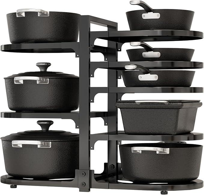 Fovkdcvw Adjustable Heavy Duty Pots and Pans Organizer Under Cabinet, 8-Tier Pot and Pan Organizers Inside Cabinet, Kitchen Cabinet Organizers and Storage, Black