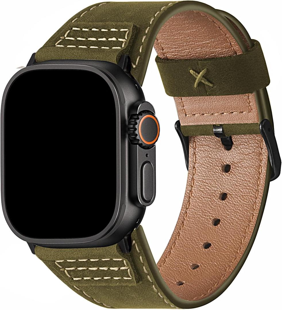 Wristitani Leather Bands Compatible with Apple Watch Strap 49mm 46mm 45mm 44mm 42mm 41mm 40mm for Men, Top Genuine Leather Replacement Straps for iWatch Ultra3/2/1 SE3/2/1 Series 11 10 9 8 7 6 5 4 3, Olive Green