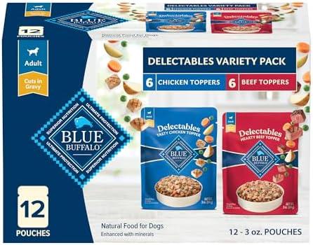 Blue Buffalo Delectables Natural Wet Dog Food Toppers Variety Pack, Tasty Chicken & Hearty Beef, Cuts in Gravy, 3-oz. (12 Pouches, 6 of Each Flavor), Best By 2026 NOV 22
