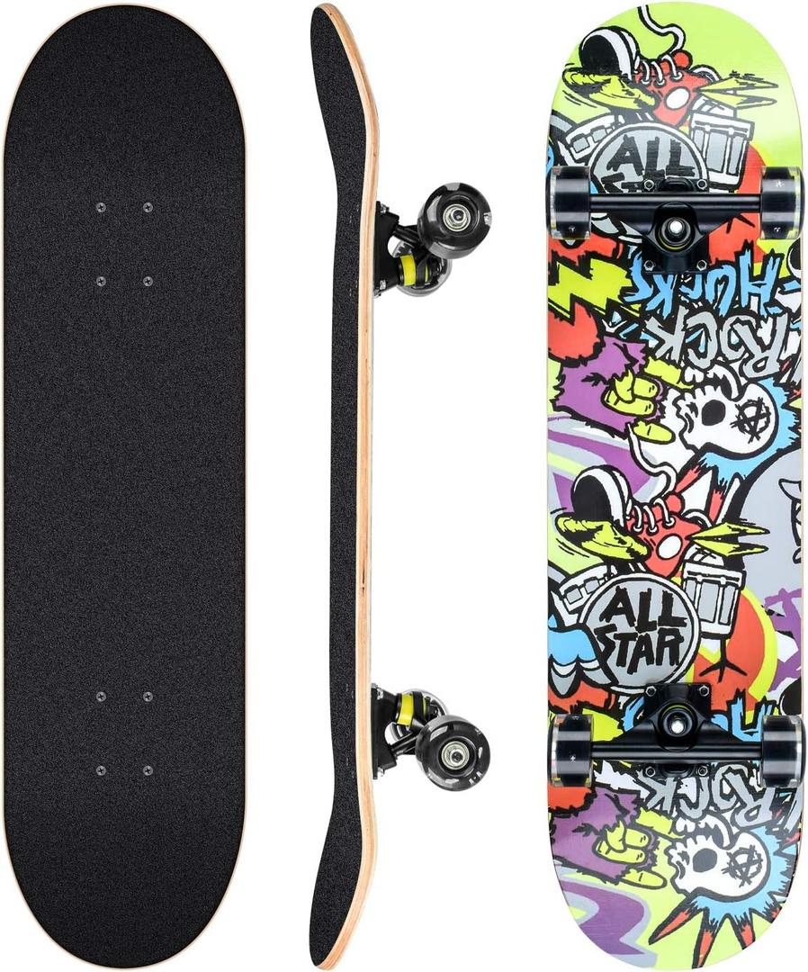 Skateboards for Beginners, 31 x 8 inch Complete Skateboard for Kids Teens Adults, 8 Layer Maple Double Kick Deck Concave Cruiser Trick Skateboard with Multifunction Skate